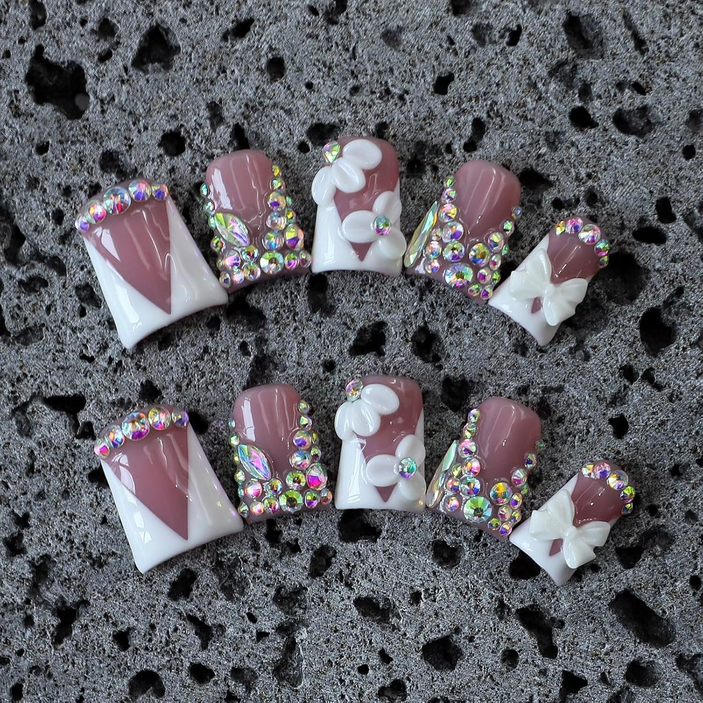 Handmade Press on Nails Rhinestones Press on Nails Short Duck Shaped Fake Nail White French Acrylic Nails Full Cover Reusable Flower False Nail for Women Girls Nail Accessories (Size S)