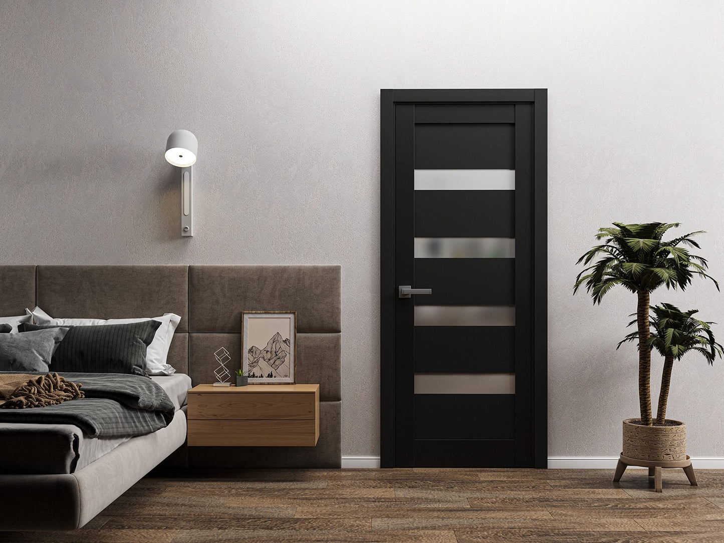 Sartodoors Quadro 4113 | 30 x 80 | Black Matte Interior Single Swing Door with Frosted Glass | Solid MDF Door in Modern French Style | Hardware Included