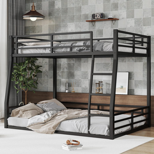 Full XL Over Queen Bunk Bed Frame with Noise Reduced Design, Heavy Buty Metal Floor Bunk Bed Full XL Over Queen Bunk Beds with Ladder for Adults, Teens