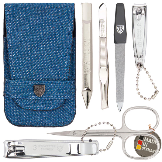 3 Swords Germany - brand quality 6 piece manicure pedicure grooming kit set for professional nail care with jeans textile case - Made in Germany