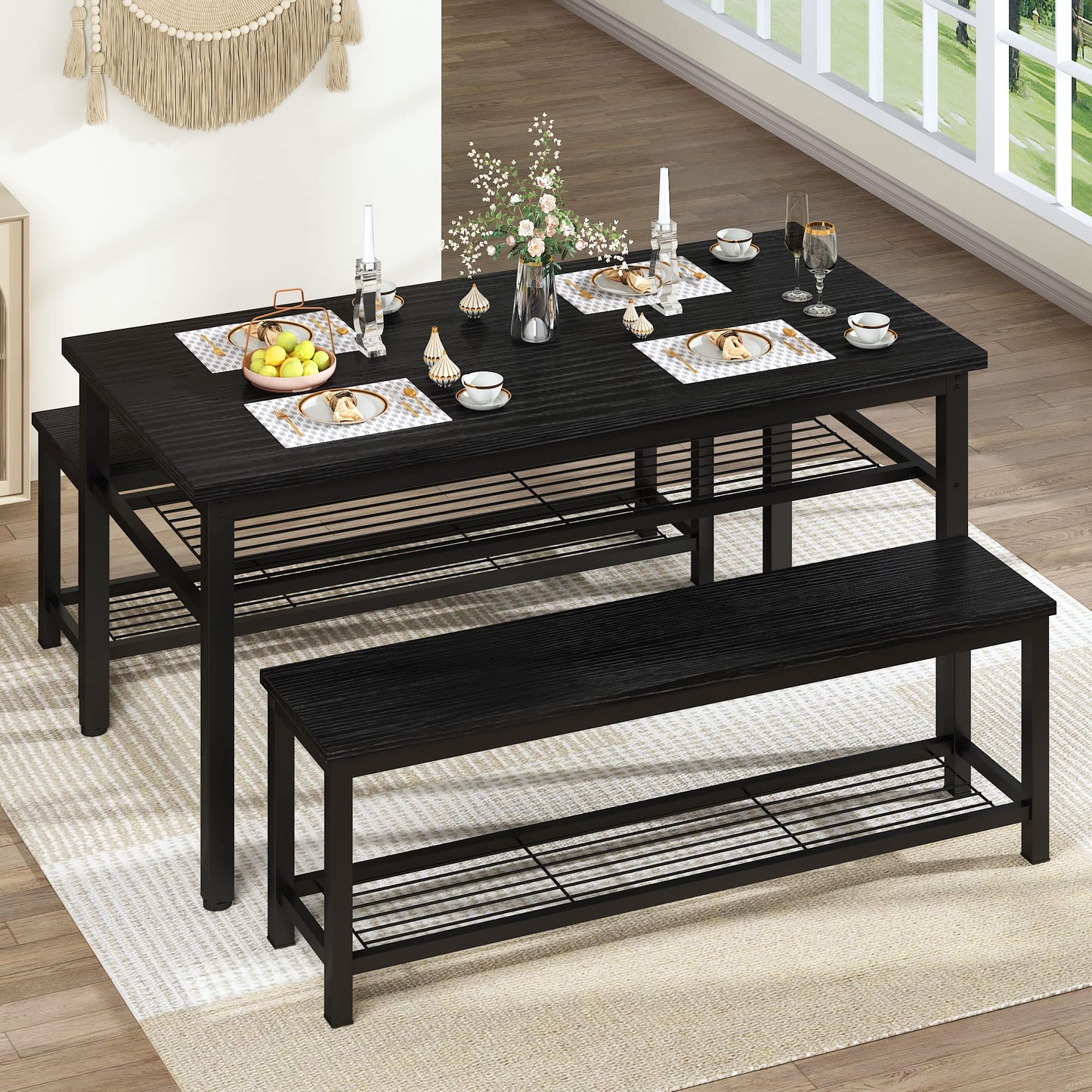 Lamerge 3-Piece Dining Table Set, Industrial Kitchen Table and Chairs Set for 4, Dining Table and 2 Benches with Storage Shelf, Dining Table Set for Dining Room Kitchen, Black