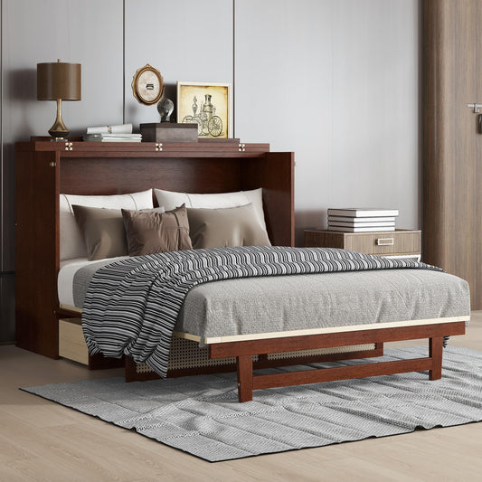 KEIKI Queen Size Cabinet Murphy Bed with Rattan Decoration and Drawers, Multiple Storage Foldable Hideaway Wall Murphy Bed Frame with Slats, No Box Spring Needed, Easy Assembly, for Bedroom, Walnut
