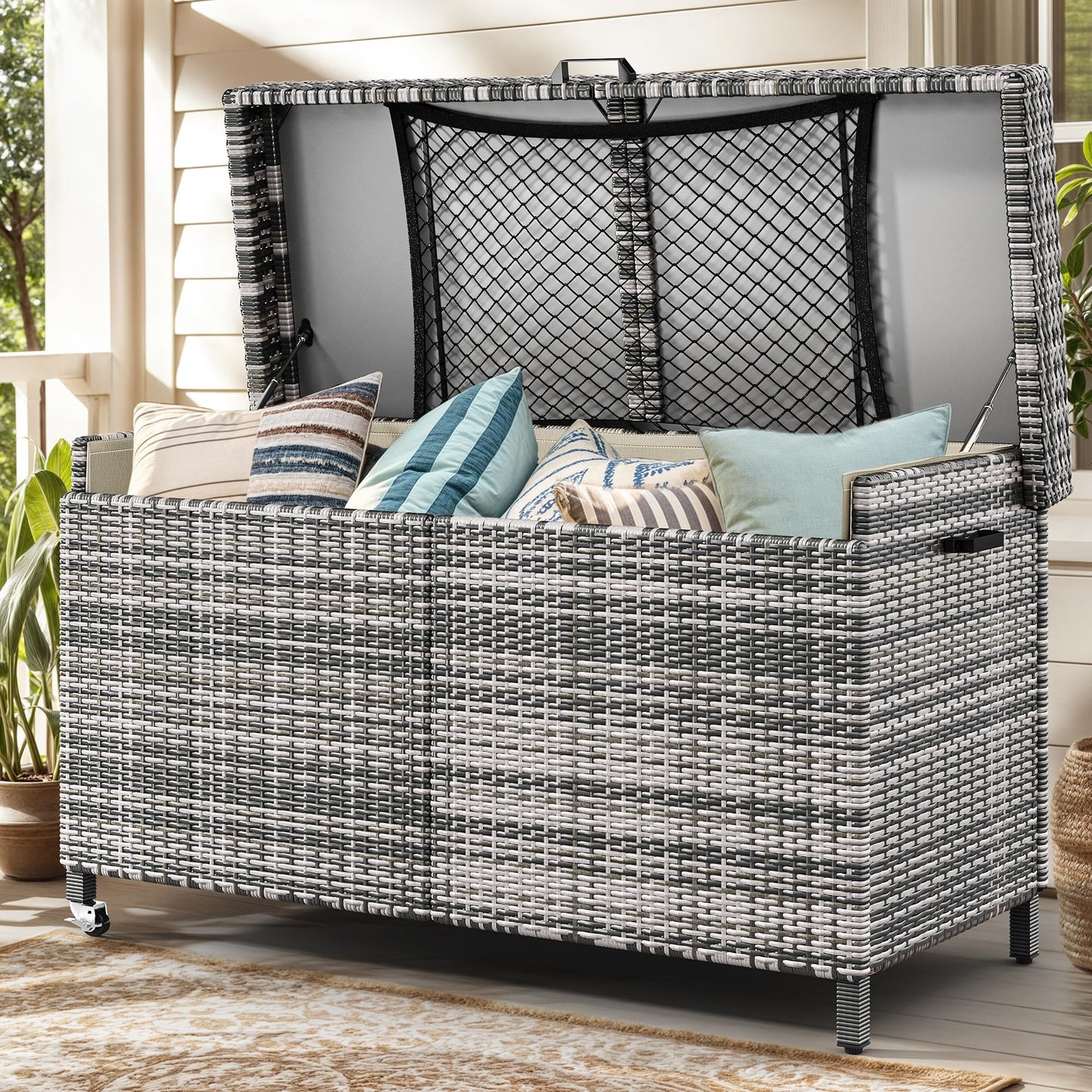 YITAHOME 200 Gallon Outdoor Storage Box w/Storage Net, Rattan XL Outdoor Deck Box, Patio Cushion Storage, Outside Storage Box for Patio Furniture, Garden Tools, Pool Sports Equipment (Grey)