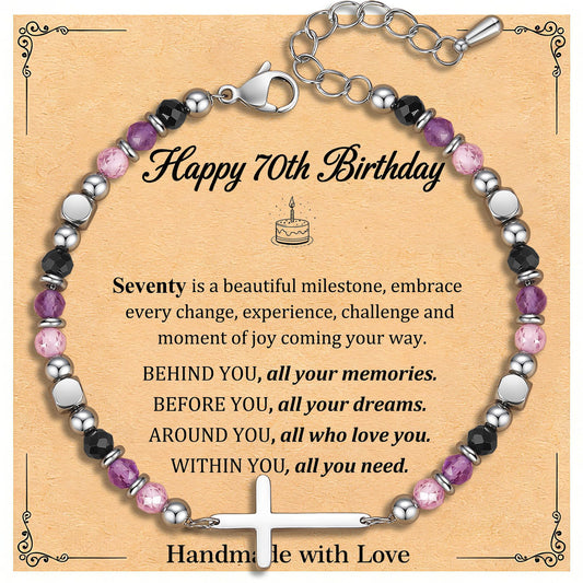 70th Birthday Gifts for Women, 70th Birthday Decorations, Dainty Christian Cross Bracelet – Adjustable Anxiety Relief Friendship Jewelry for Friend, Sister, Mom