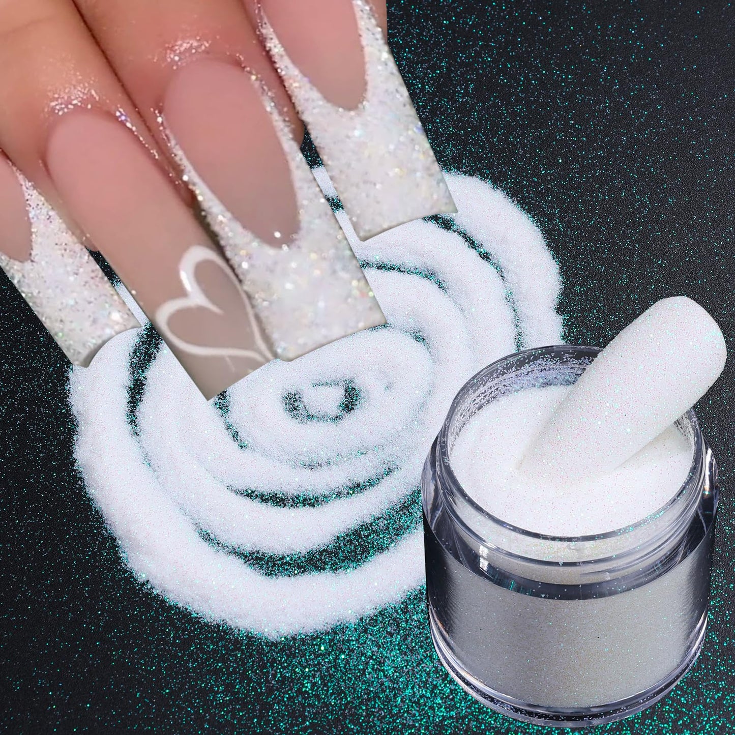 Sugar Glitter Powder for Nails, 4pcs White Black Candy Coat Effect Nail Supplies Fine Dipping Powder Shiny Shimmer Pigment Manicure Nail Glitter Dust Decoration DIY for Valentine's Day Hearts