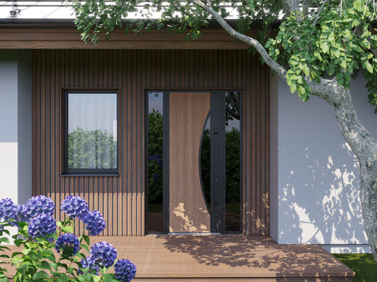 VDOMDOORS Front Exterior Prehung Steel Door/Ronex 1077 Teak/Entry Metal Modern Painted W36 x H80 Right Hand Inswing