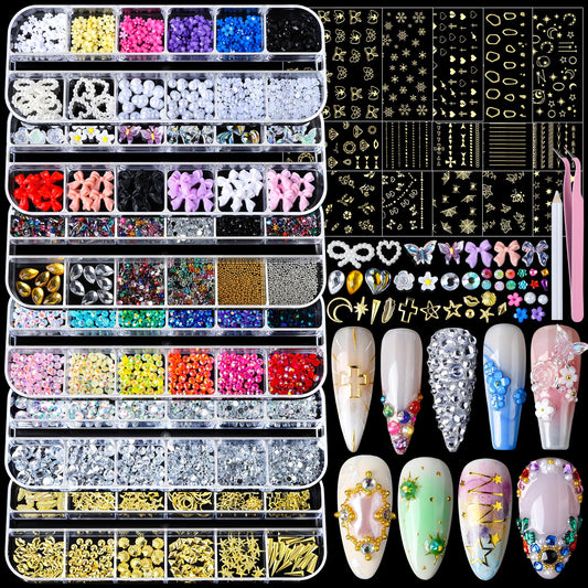 Teenitor Nail Charms Nail Gems with 15 Sheets Gold Nail Stickers, 6 Boxes of Rhinestones for Nails Art Tools, 3D Nail Decals Pearls for Nails