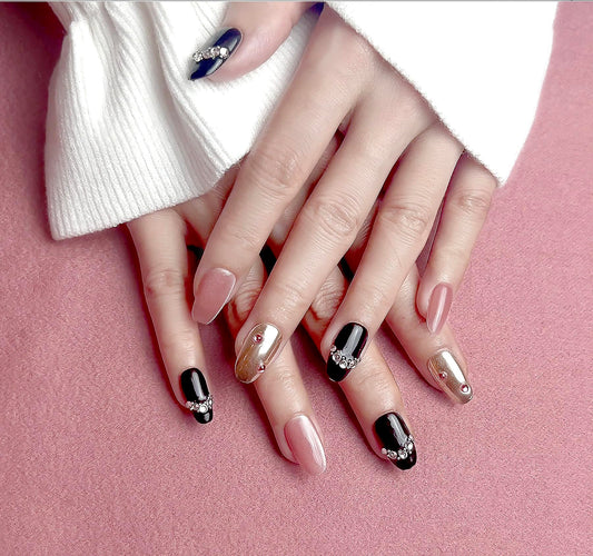 Handmade Press On Nails impress Fake Nails Medium Almond Oval 3D Black and Pink with Diamond Hand Finger Manicure glue False press ons Nail Artificial (S size)