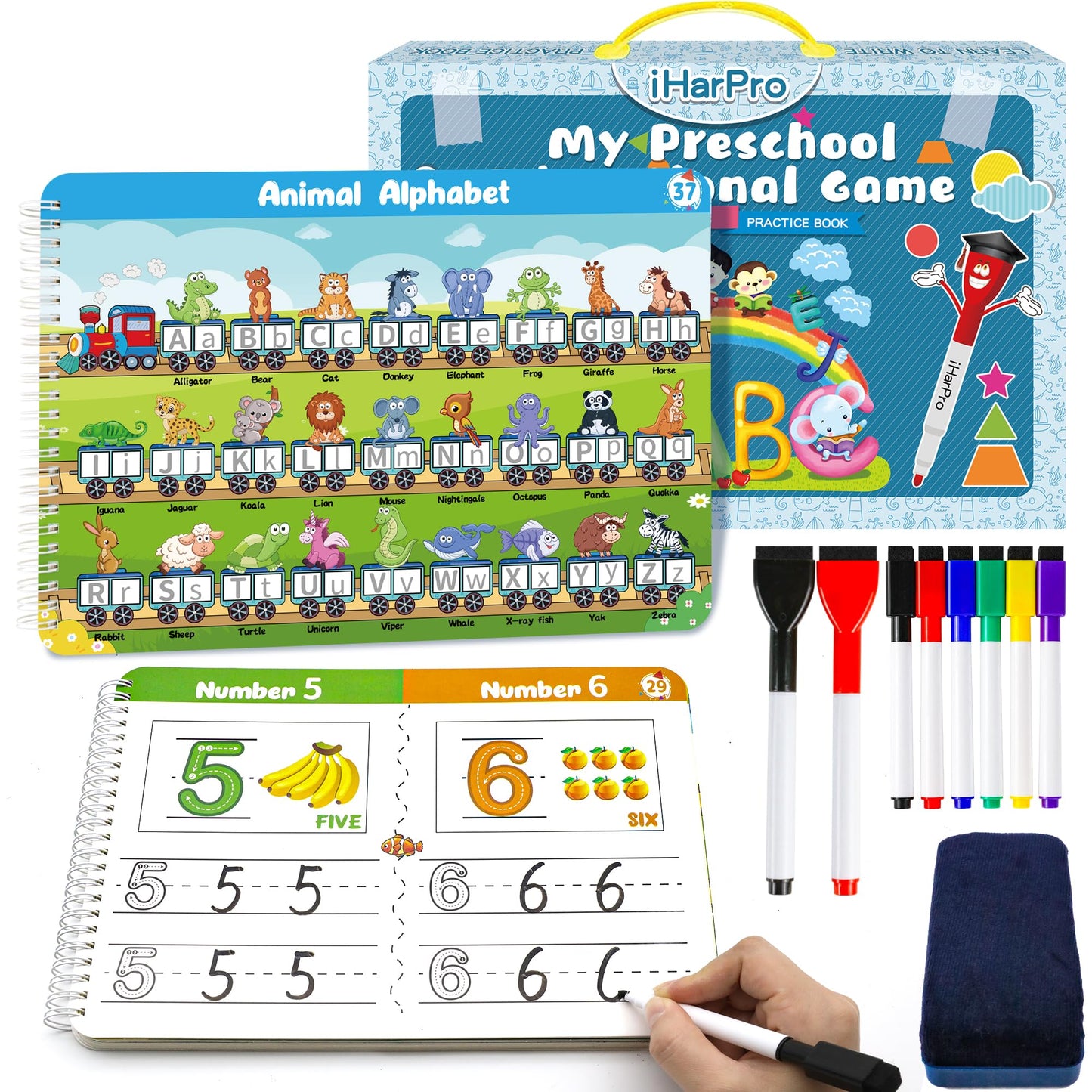 Handwriting Practice - Tracing Books for Kids Ages 3-5, Montessori Preschool Learning Activity, Autism Educational Learn Number Letters Shapes Animal & Sight Words Workbook with 8 Dry Erase Markers