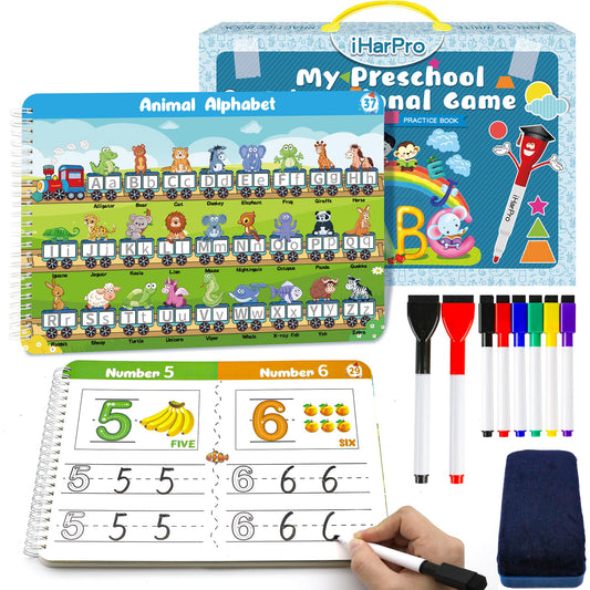 Handwriting Practice - Tracing Books for Kids Ages 3-5, Montessori Preschool Learning Activity, Autism Educational Learn Number Letters Shapes Animal & Sight Words Workbook with 8 Dry Erase Markers
