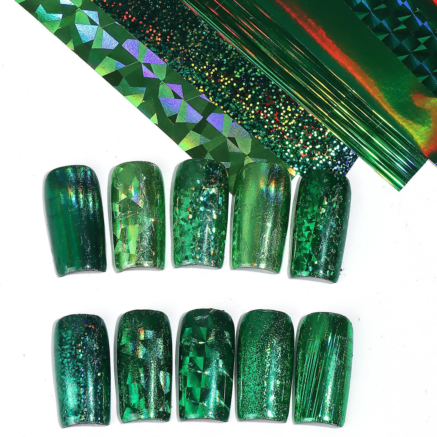 Green Holographic Nail Foil Transfer Nails Art 20PCS St. Patrick's Day Nail Foil Sheets Laser Geometric Iridescent Green Nail Design Stickers Decals DIY Starry Paper Manicure Supplies
