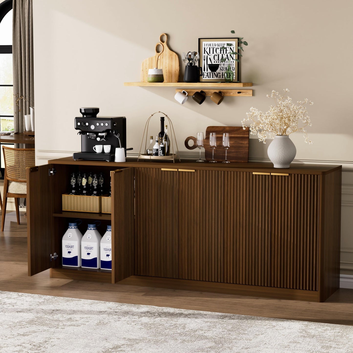 Ball & Cast 67" Fluted Walnut Buffet Cabinet Sideboard with Storage, Large Accent Cabinet with 6 Doors,Wood Mid Century Modern Sideboard for Living Room and Kitchen (67" W*27.7" H*15.7" D)