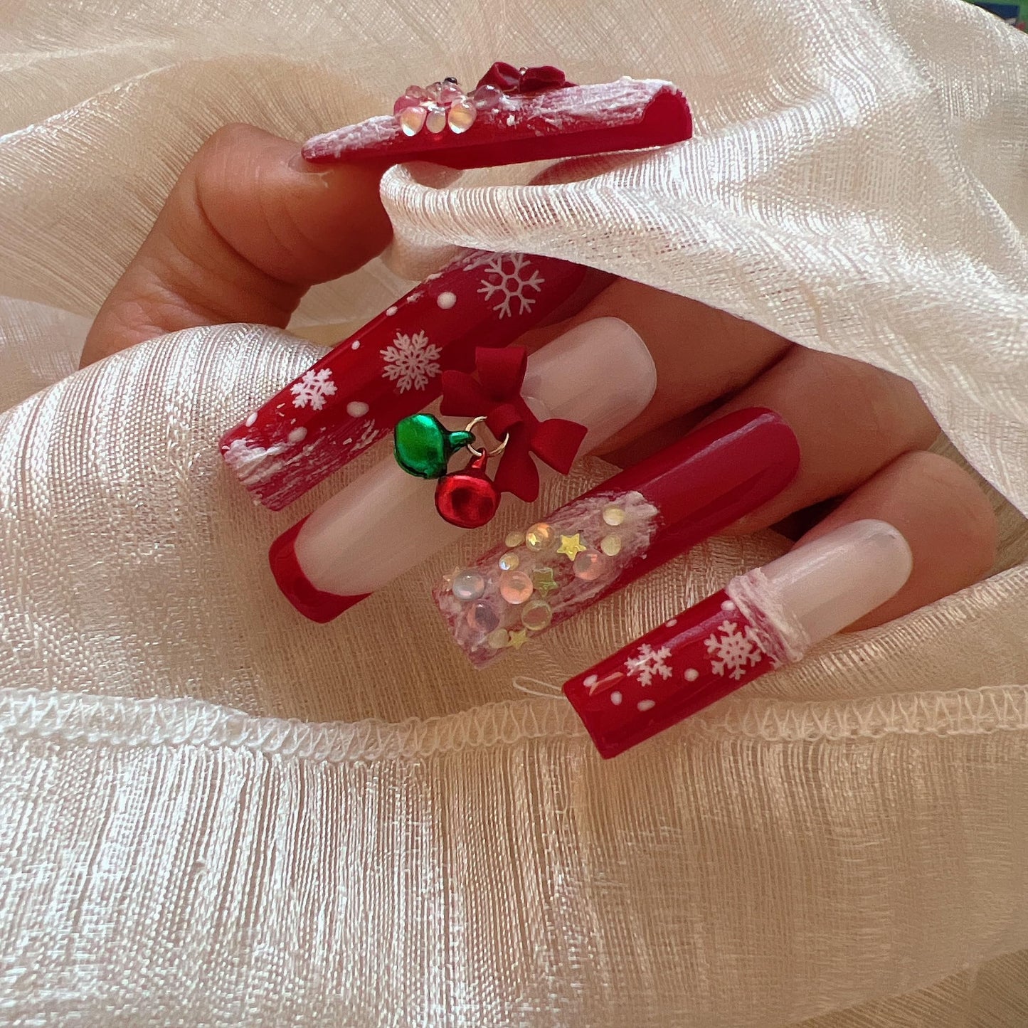 NAIL ANGEL 10PCS/SET Glamorous Handmade Press On Nails Christmas Xmas Holiday Snowman Bell Snowflake French Style Long Coffin Nails Party Nails XXL Long Artifical Tips ZJ-13 (ZJ13, M)