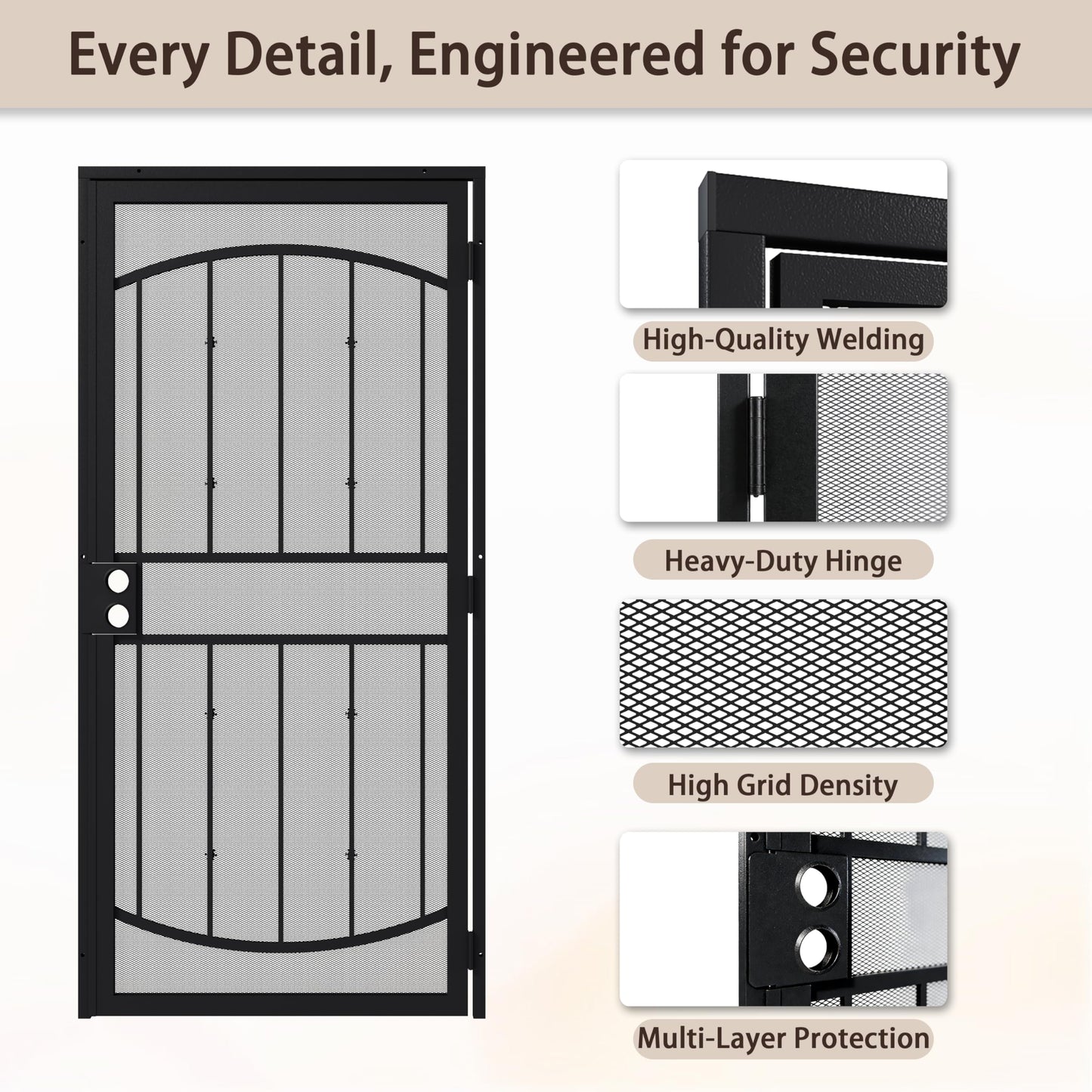 JUBEST 36" x 80" Steel Security Door, Universal/Reversible Outswing Security Screen Door, Black Powder-Coated Surface Mount Frame with Expanded Metal Screen, Rust-Resistant, No Handles Included