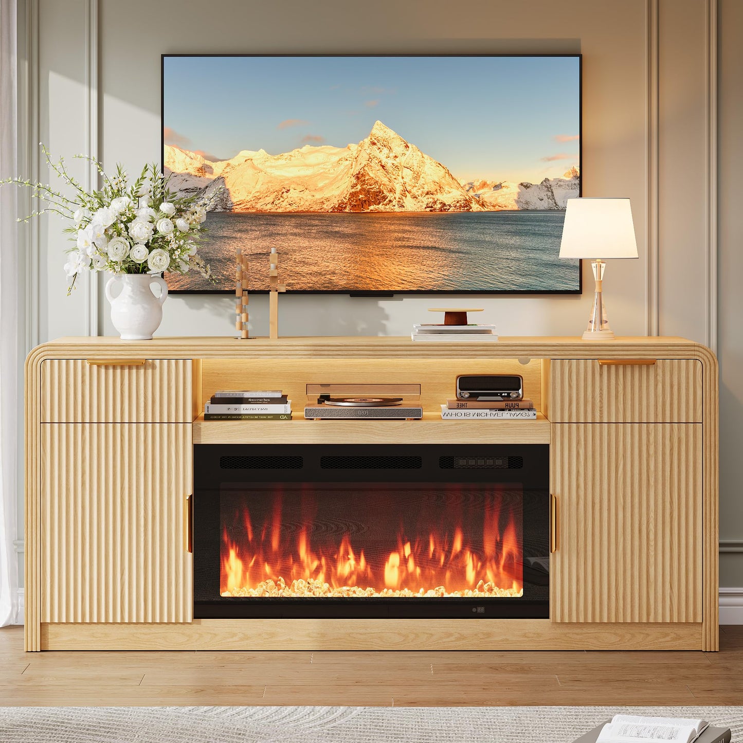 Decofy 70" Fluted Fireplace TV Stand for 80" TV, TV Console Cabinet with Wavy Grain Doors & Adjustable Shelves, Remote & Touch Control Adjustable LED Light, Flame Colors&Temperature for Living Room