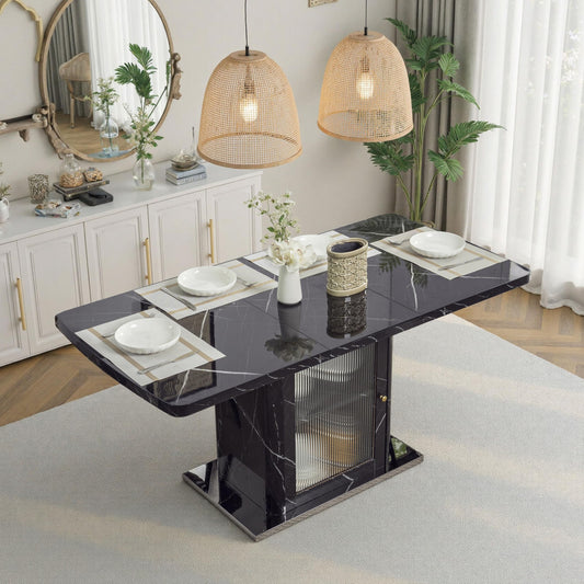 GDFStudio 47.24"-63" Farmhouse Extendable Dining Table for 4-6, Printed Marble Top Rectangle Dining Table with Storage Shelves & Glass Door Cabinet, Space Saving Kitchen and Dining Room Table, Black
