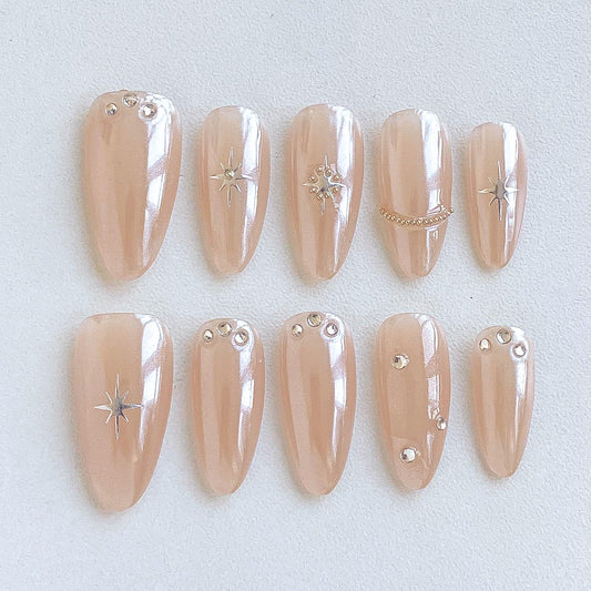 GLORS Almond Press-On Nails, Nude with Crystal Rhinestones and Star Design, Handmade False Nail 10 Pieces (Small, Almond)