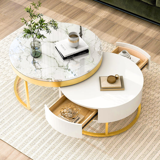 Merax 2-Piece Round Nesting Coffee Table Set with 2 Large Drawers, Marble Finish Tops & Ample Hidden Storage, Space Saving Modern Accent End Tables for Living Room, Apartment, White+Golden