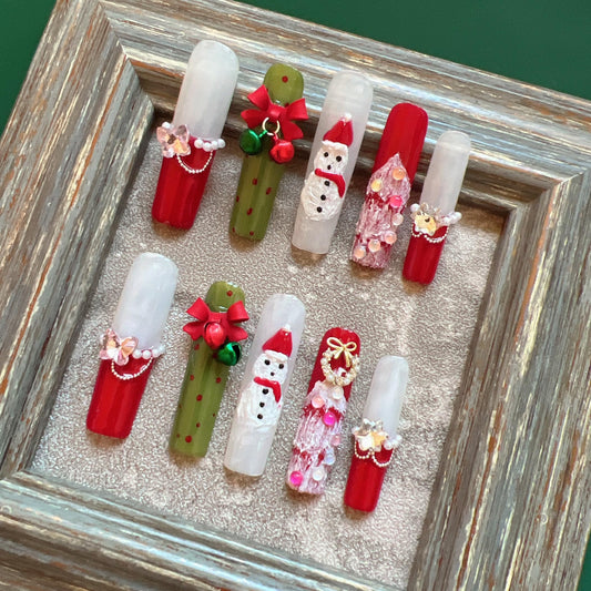 NAIL ANGEL 10PCS/SET Glamorous Handmade Press On Nails Christmas Xmas Holiday Bell Snowflake French Style Long Coffin Nails Party Nails XXL Long Artifical Tips ZJ14 (ZJ14, S)