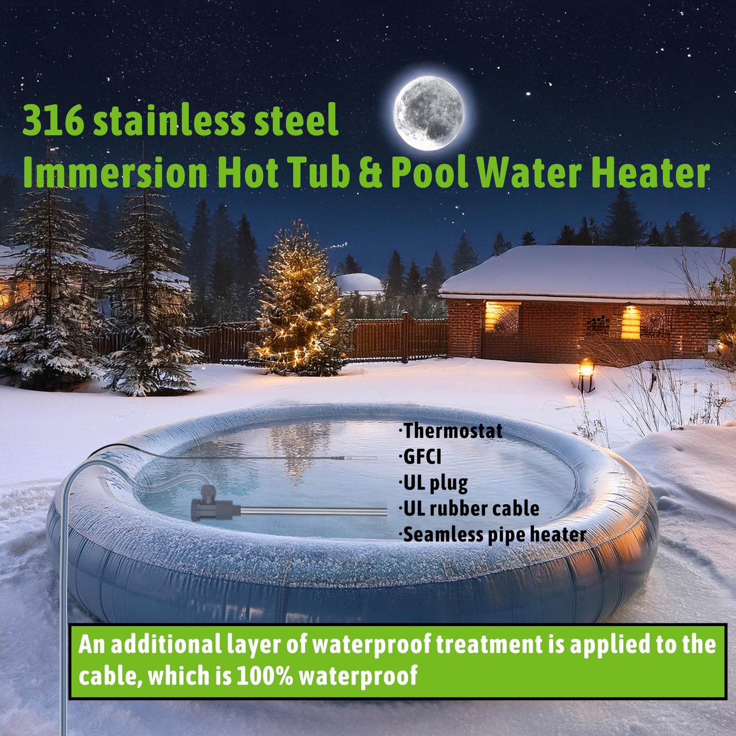LINGLONGTEMP 2000W Submersible Hot Tub & Pool Portable Electric immersion Water Heater with Temp Control & GFCI for Swimming Pools, Bathtubs, inflatable pool, baptism pool, above ground pool & Spa tub