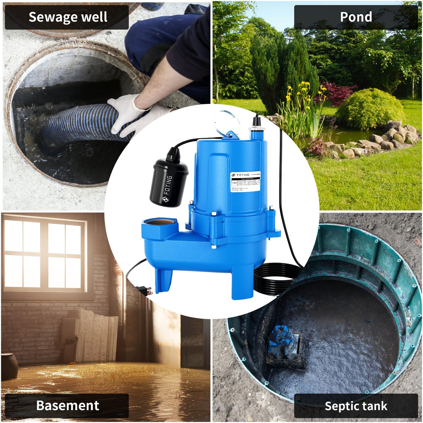 FOTING 1.5HP 9000GPH Submersible Sewage/Effluent Pump, Heavy Duty Cast Iron Septic Pump Automatic/Manual, Sump Pump for Basement, Septic Tank, Sewage Well, Sewage System, 2'' NPT Discharge