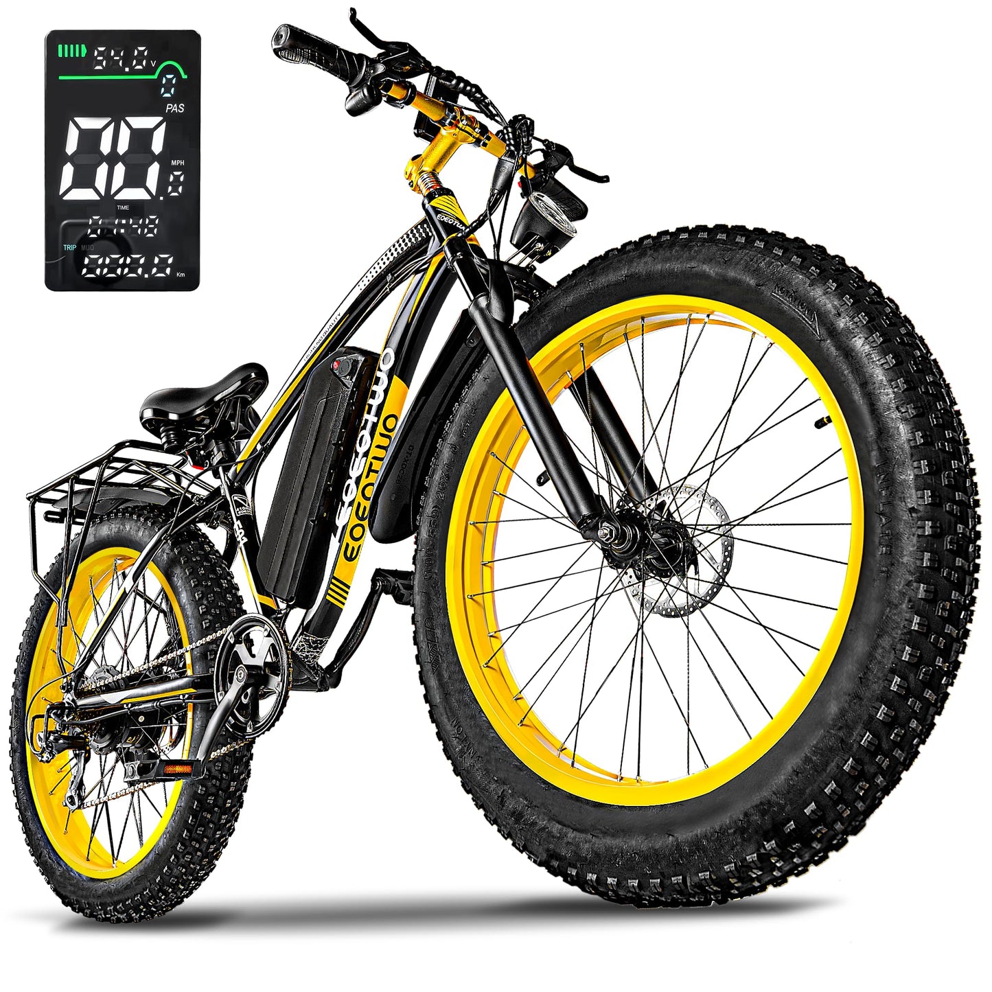 EOEOTWO 26" Fat tire Electric Bike for Adults, 1500W Peak Motor, 60 Miles Range Mountain Ebike, 34 MPH Speed,48V 15Ah Removable Battery, Off Road Mountain Commuting for Men, 7 Speed Yellow