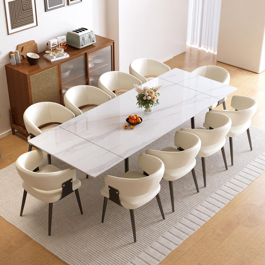 NessCarsti 62.9"–94.4" Extendable Sintered Stone Dining Table for 6–10, Modern White Rectangular Kitchen Table with Stainless Steel Legs, Scratch-Resistant & Heat-Resistant, Patio & Backyard Furniture