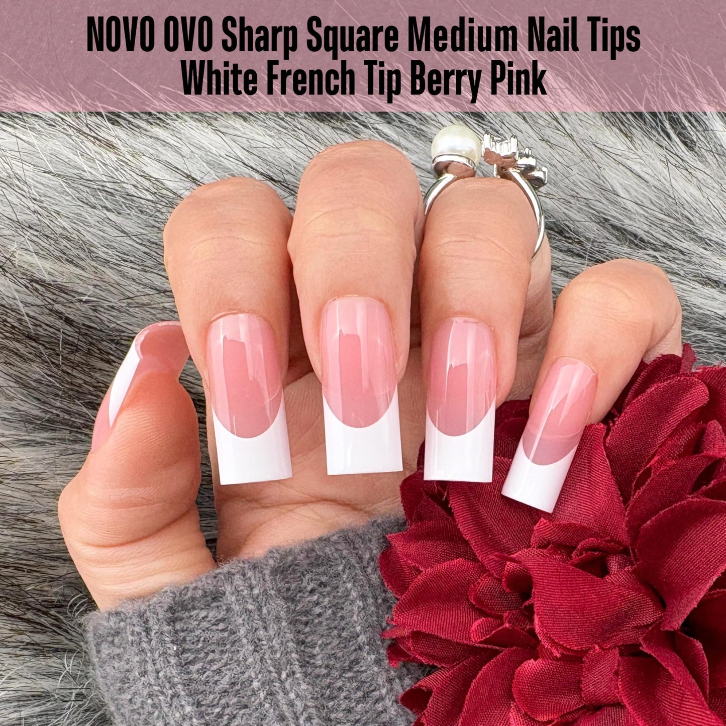 NOVO OVO Medium Sharp Square White French Tip Nail Tips Press on BERRY PINK, Extra Thick NEED Builder Glue Gel & Top Coat, Soft Gel Full Cover False Fake Nail Extension for Salon DIY x 15 Sizes 180 pc