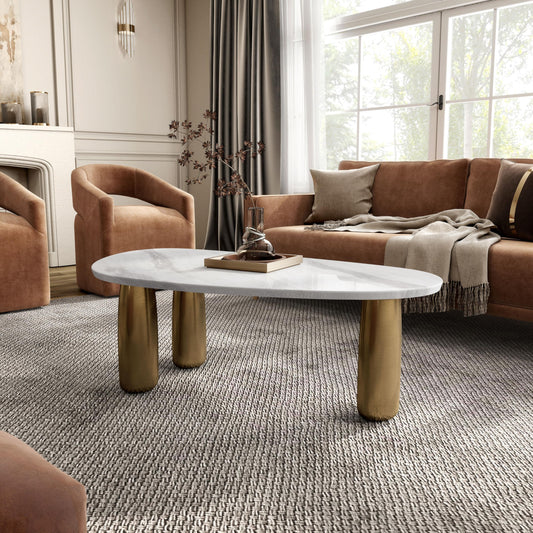 Furniture of America Gavora Modern 51-inch Oval Sintered Stone Top Coffee Table with Gold Triple Pedestal Legs for Small Space, Living Room, Home Office, White