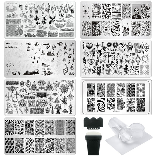 AddFavor Nail Stamping Plate Kit with Nail Stamp and Scraper, 6pcs Fire Skull Nail Stamper Kit for Home Salon Manicure Polish Print Stencils Design Tools