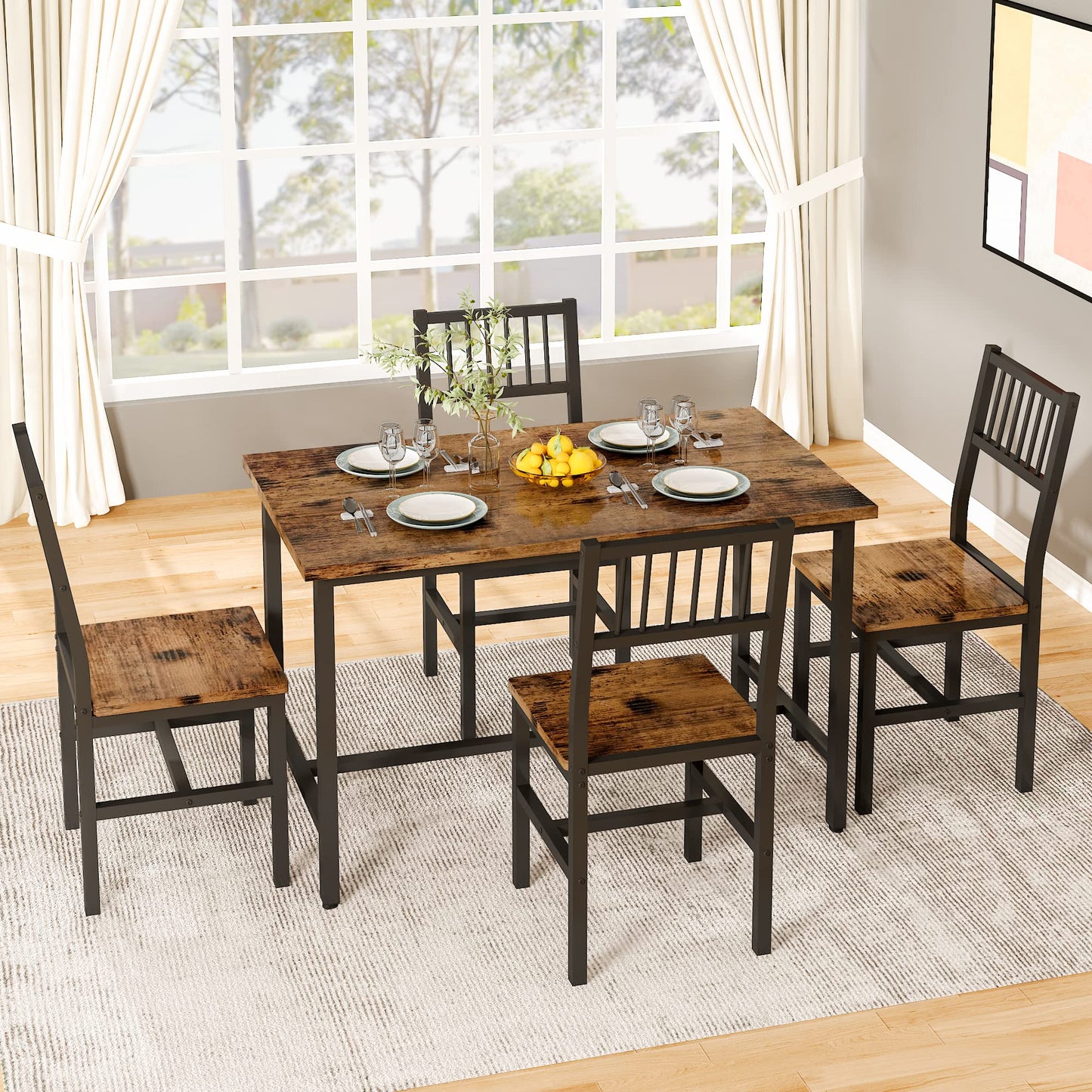 AWQM 43.3 Inch Dining Table Set for 4,Industrial Table with 4 Curved Chairs Set,5-Piece Rectangular Kitchen Table Set for Dining Room,Breakfast Nook,Small Space