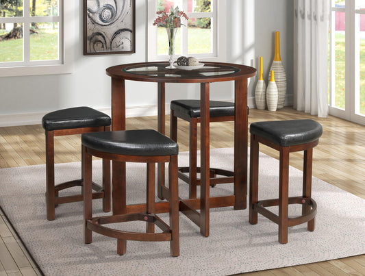 Roundhill Furniture Cylina Solid Wood Glass Top Round Counter Height Table with 4 Stools