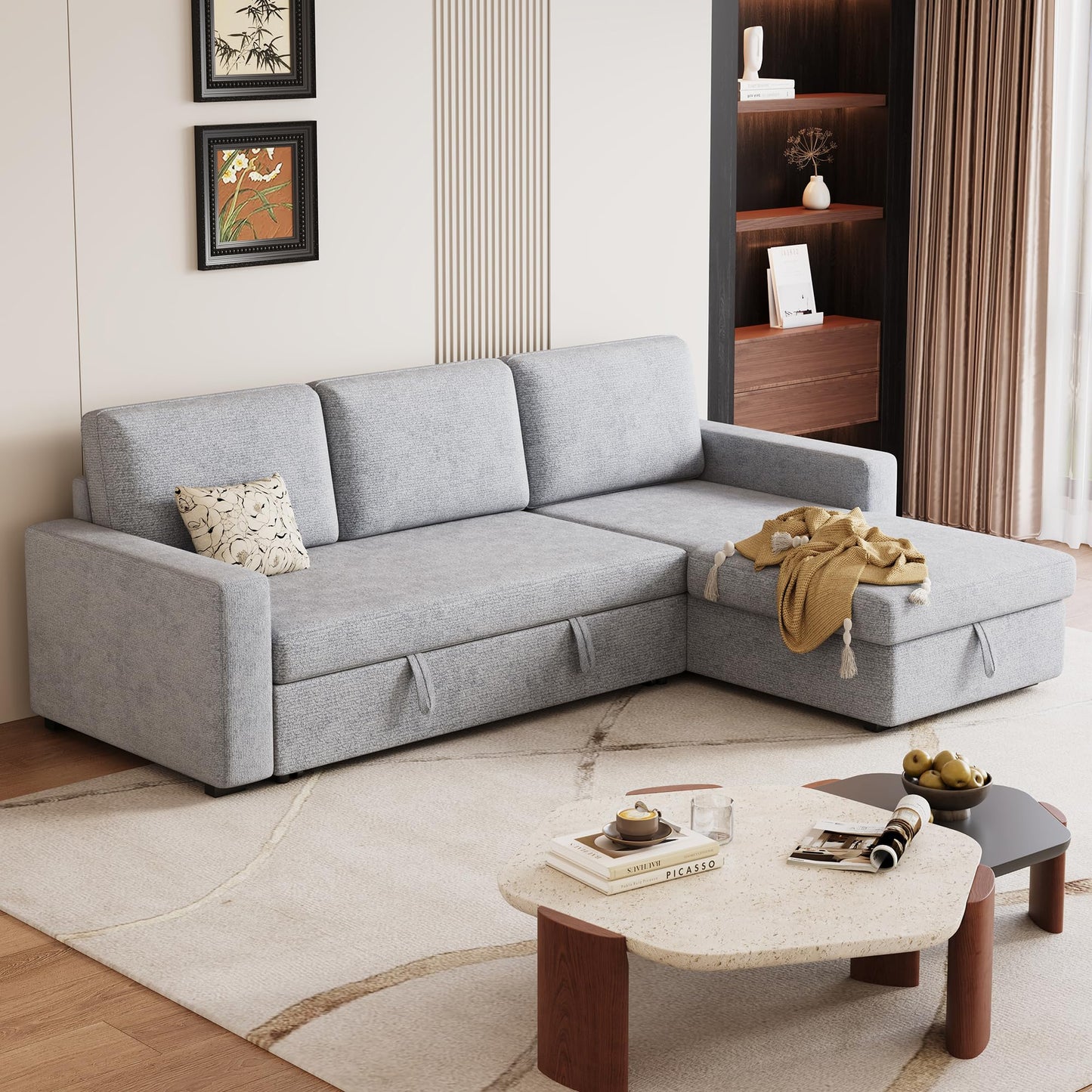 FAVSH 81-Inch L-Shape Sectional Couch, 4-in-1 Multifunctional Pull-Out Couch Sleeper Sofa with Storage Chaise & Removable Back Cushions, for Living Room/Office/Apartment (Light Gray)