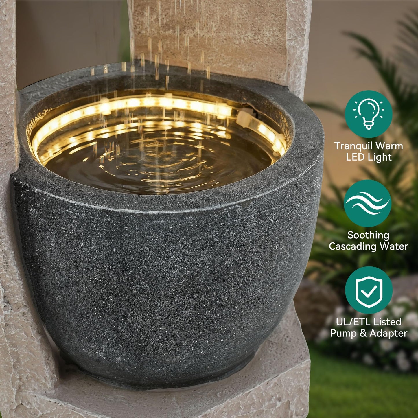 Ultym 32" Outdoor Fountain, Modern Geometric Two Bowls Water Feature with LED Lights, Resin Soothing Cascading Waterfall for Patio, Backyard, Garden or Porch