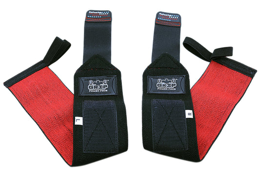 Grip Power Pads Deluxe Wrist Wraps 13" Long (1 Pair /2 Wraps) for Weight Lifting Wrist Support Cotton Wraps Gym Bandage Straps for Men & Women - Premium Quality & PRO Rubber (Black/Red, 18" Inches)
