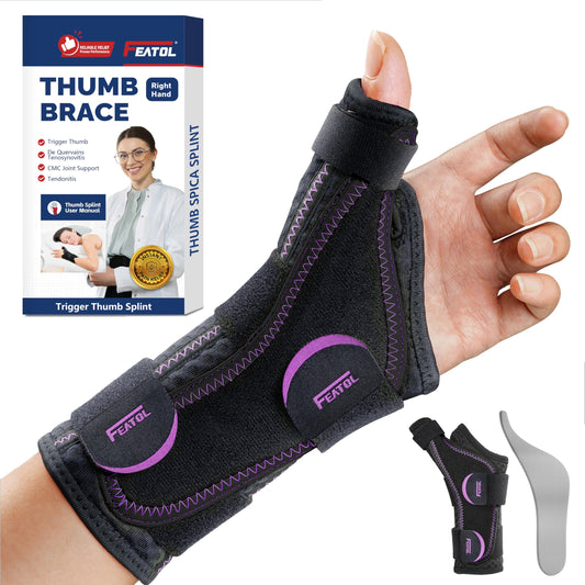 FEATOL Thumb Brace Left Hand - Ergonomic Support for Trigger Thumb, De Quervain's Tenosynovitis, Lightweight Wrist Brace for Carpal Tunnel, Size S/M, 5"-6.5", Black Purple