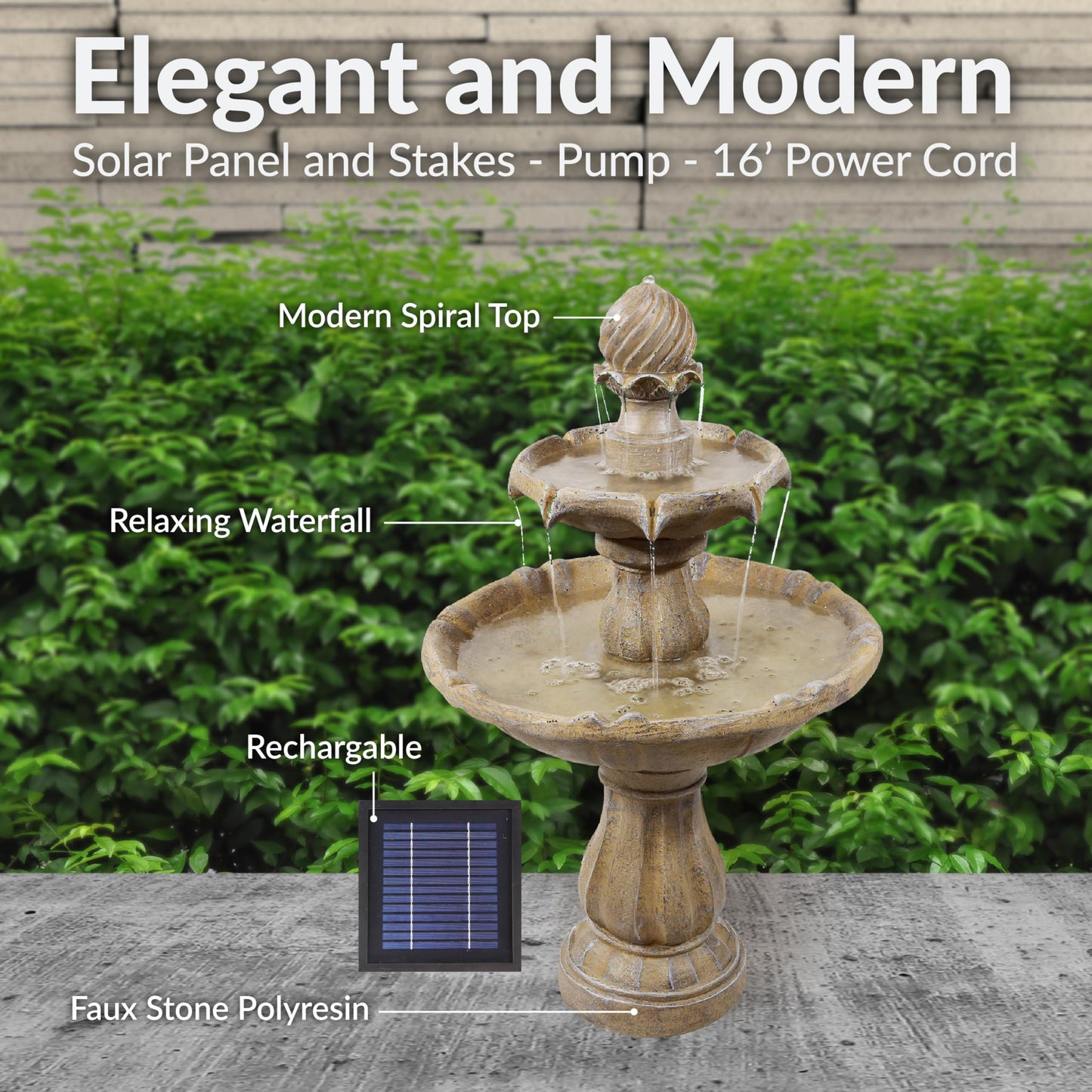 Sunnydaze 35" Solar 2-Tier Outdoor Water Fountain - Outdoor Water Fountain with Battery Backup and Pump - Earth