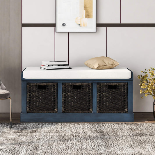 Merax Farmhouse Solid Wood Entryway Bench with Seat Cushion Multifunctional Storage Bench for Hallway Living Room Bedroom (Antique Navy)