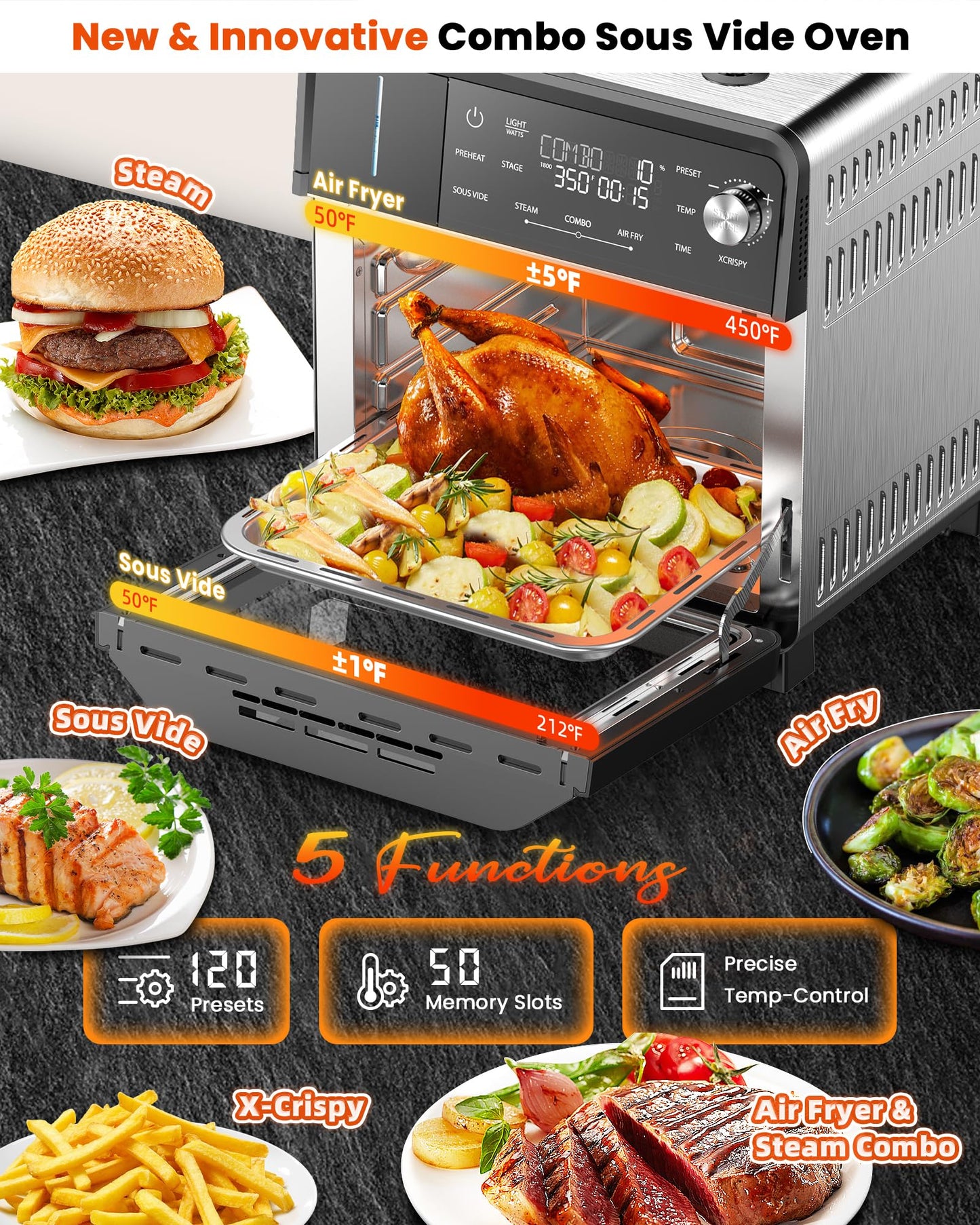 Nuwave Combi Steam Oven, Non-Toxic Stainless Steel Multi-Cooker with Air Fry, Sous Vide, Toast & More, 50-450°F Precision, 120 Presets, Moisture Control, Programmable, Easy to Clean, 16 quarts