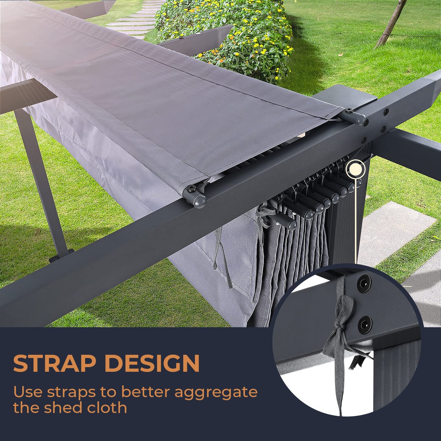 HAPPATIO 10' X 13' Outdoor Retractable Pergola Canopy for Deck, Backyard, Patio, Aluminum Pergola with Sun Canopy, Includes Ground Studs and Expansion Screws (Grey)