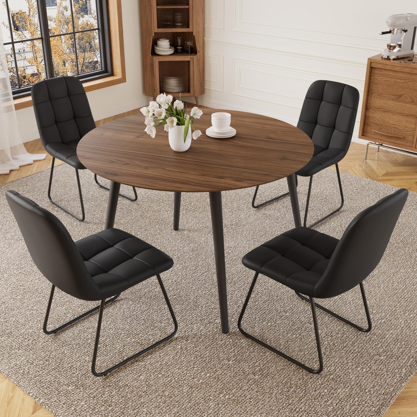 HIPIHOM 43.3 Inch Round Dining Table Set for 4, Modern Small Kitchen Coffee Set for Dining Room Kitchen Apartment (Walnut Table+4 U-Shaped Black Chairs)