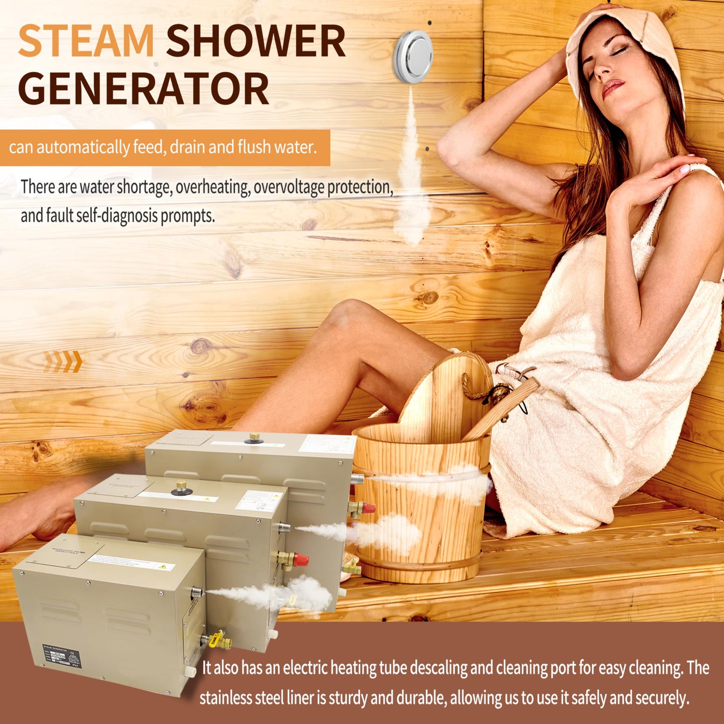 JJFFTAO,Steam shower generator,18kw Household-Commercial,Steam shower generator kit,with self-draining system,Temperature adjustable 95-131°F,Applicable space 560～735ft3