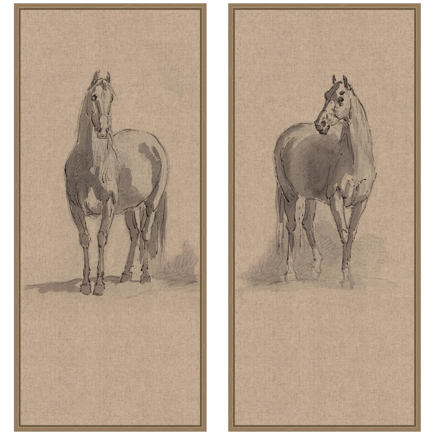 Kate and Laurel Forty Three Studies of Horses and Riders 2 Piece Framed Canvas Wall Art Set by Nostalgia Prints, Sylvie Dark Gold Rustic Farmhouse, Animal Art for Wall Decor