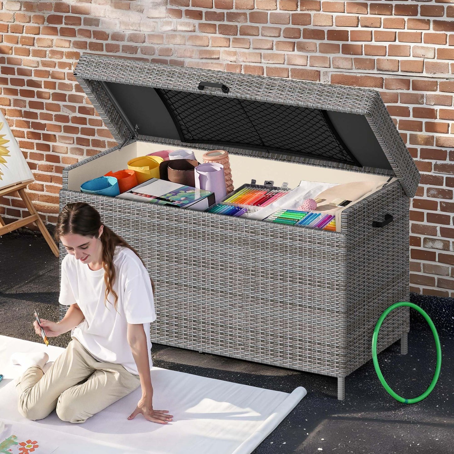 DWVO 200 Gallon Deck Box, Outdoor Storage Box w/Storage Net, Rattan XL Outdoor Cushion Storage for Patio Furniture, Garden Tools, Pool Sports Equipment (Grey)