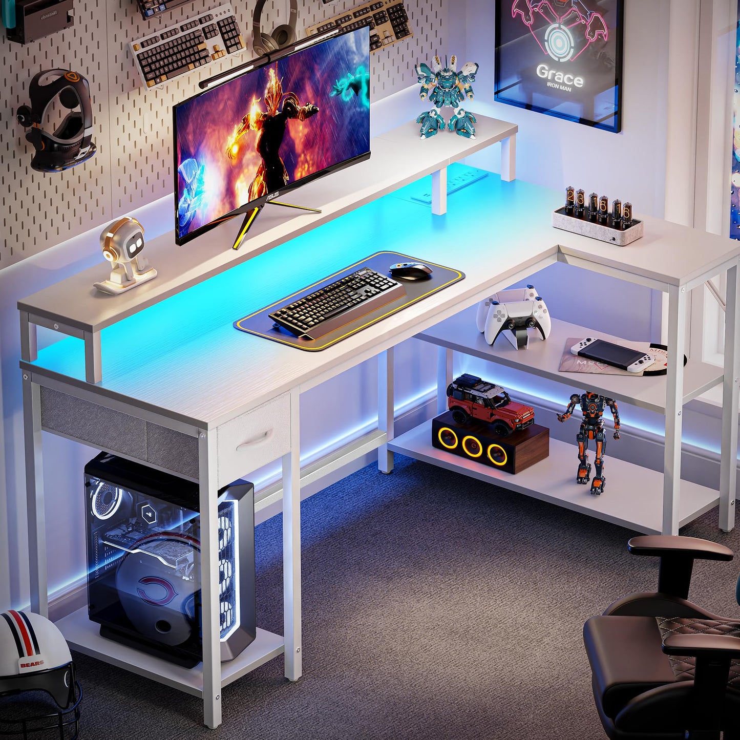 SUPERJARE 53 inch Reversible L Shaped Desk with LED Lights & Power Outlets, Computer Desk with Shelves & Monitor Stand, Gaming Desk with Drawer, Home Office Desk Corner Desk, PU White Drawer