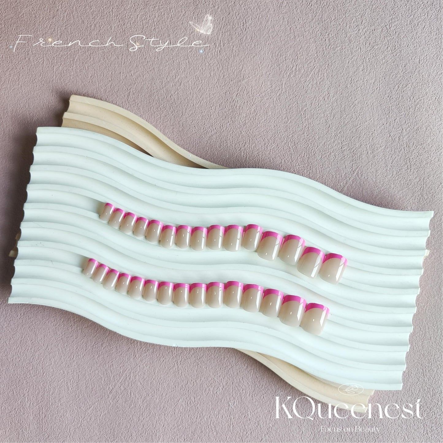 KQueenest Hot Pink Press on Nails Short Medium Square&Hot Pink French Press on Nails Short Square For Beach Party Daily Decoration in 48 PCS