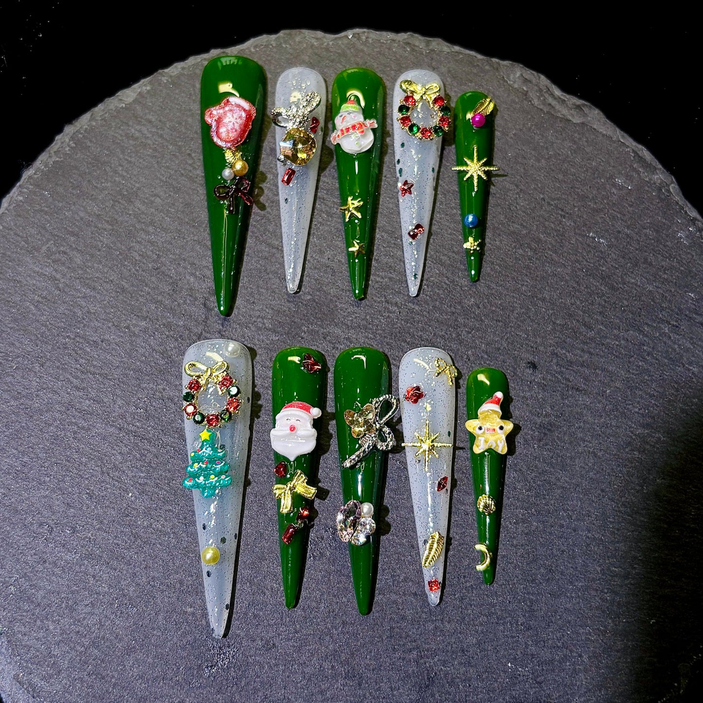 Handmade Press on Nails Medium Almond- Long Fake Nails,3D Unique Reusable ABS Material Fake Nails, Cartoon Snowflake Design False Nails (M, 003)