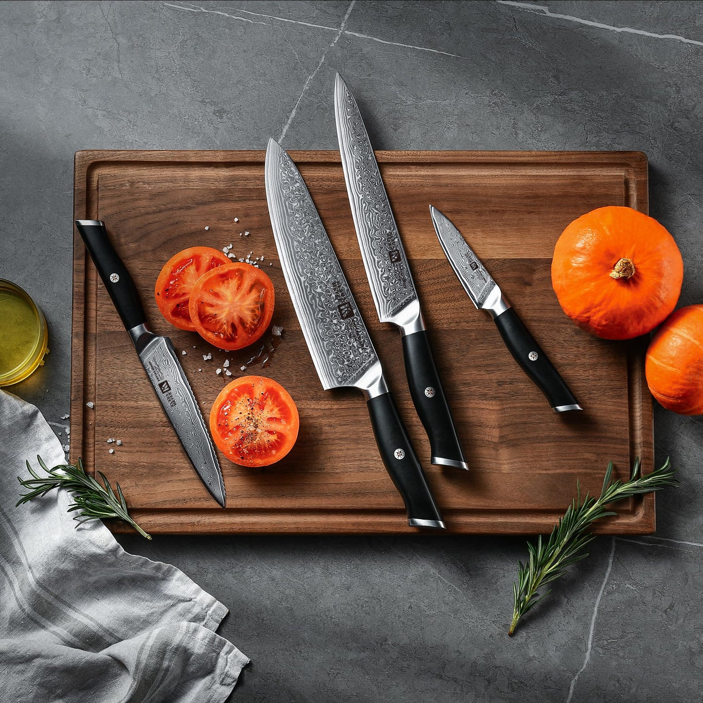 Klaus Meyer 5 Piece Damascus Knife Block Set, 67-Layer High Carbon Damascus Steel, Ultra-Sharp Kitchen Knife Set with Magnetic Wooden Block