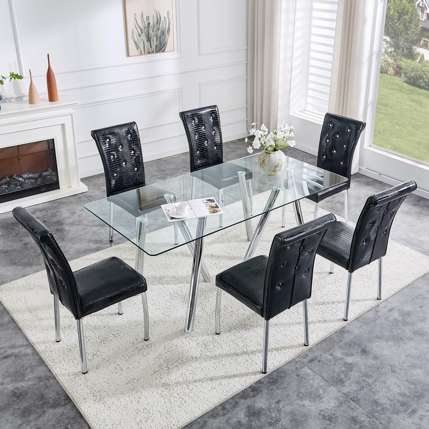 Vohward 71" Glass Dining Table Set for 6, 7 Piece Modern Tempered Glass Dining Room Table with 6 Black Upholstered Chairs, Rectangular Kitchen Table Set with Chrome Metal Legs, 400 lb Capacity