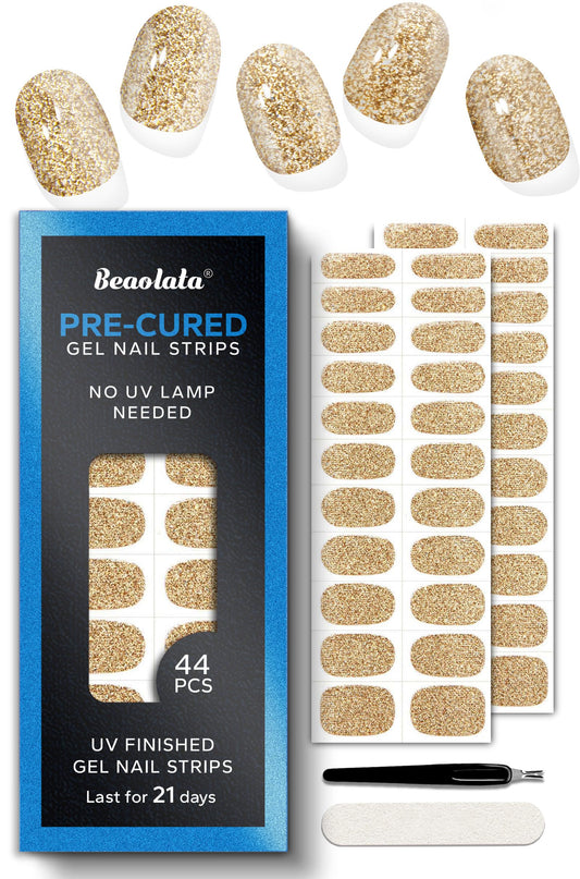 Beaolata Real Gel Nail Strips (No UV Light Needed) - 44Pcs Salon Quality Nail Stickers - Long Lasting Polish Wraps for Women, Easy Apply & Remove (Gilded Desire Gold)